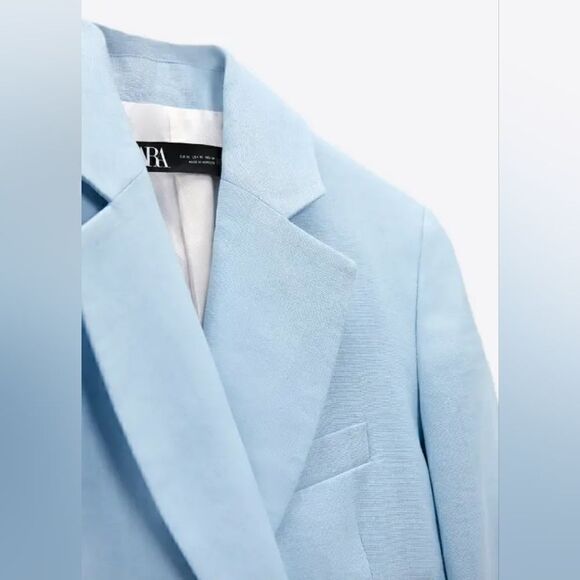 ZARA SKY BLUE LINEN CROPPED BLAZER - Picture 6 of 7